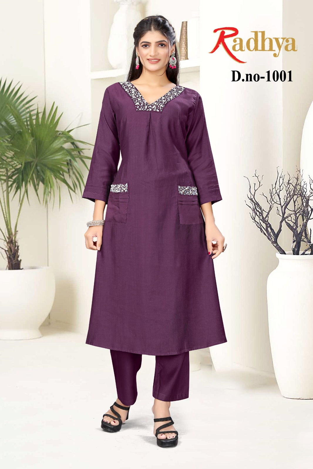 Radhya wine v neck with pocket hand work kurti set