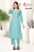 Radhya sky blue V neck hand work with pocket work kurti set