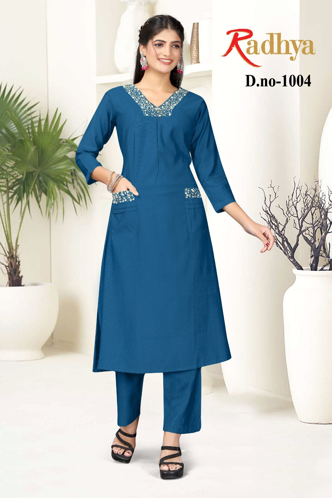 Radhya navy blue v neck hand work kurti pant set